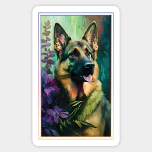 German Shepherd Dog Vibrant Tropical Flower Tall Digital Oil Painting Portrait Sticker